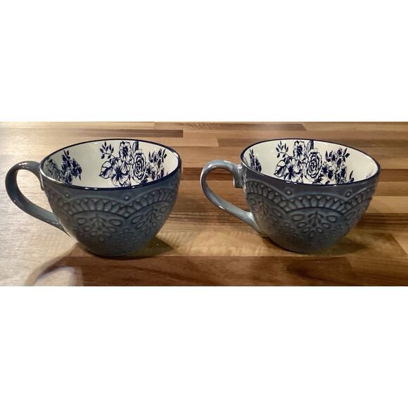 Gabriela Blue Pfaltzgraff 2 Coffee Cups Blue Flowers inside Raised Design - Picture 7 of 10